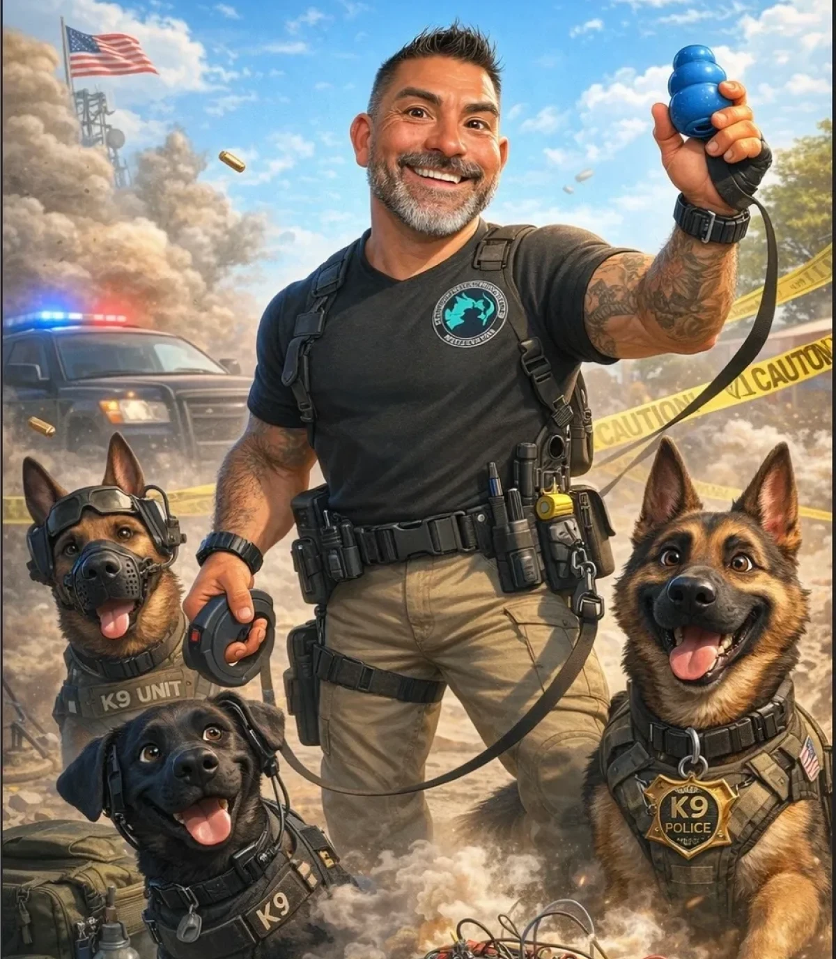 K9 officer with police dogs and gear